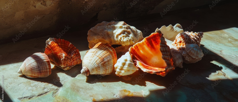 Poster colorful and textured seashells arranged on a rustic surface in natural light