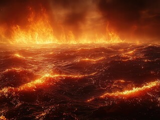 Raging fire on the ocean surface dramatic landscape high-resolution textures fiery environment atmospheric view