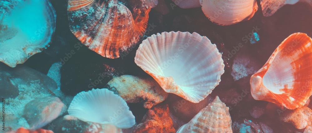 Poster seashells display diverse textures and colors on a sandy ocean floor