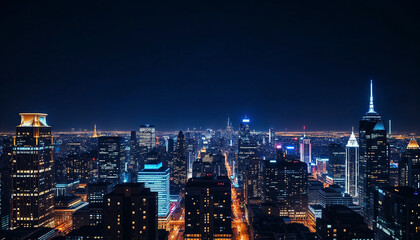Obraz premium Night view of a vibrant city skyline showcasing illuminated buildings and bustling streets in an urban setting
