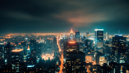 Fototapeta premium Vibrant city skyline illuminated at night with towering buildings and glowing streets