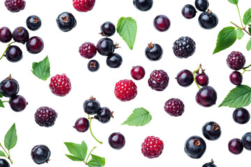 Fresh mixed berries scattered on a white background showing vibrant colors and various shapes