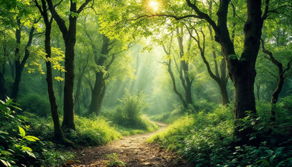 Obraz premium Sunlight filters through lush trees in a peaceful forest path during the early morning hours