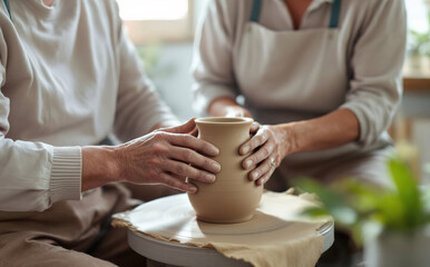 Two experienced potters collaborate to create a unique vase from clay. Their hands work skillfully together, surrounded by greenery in a warm, inviting workshop