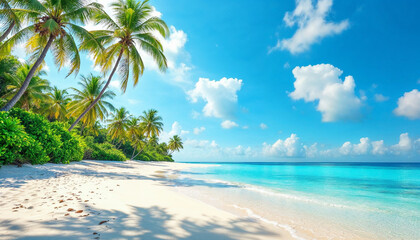 Serene tropical beach with clear water and palm trees under a bright blue sky