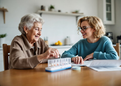 An elderly woman smiles as a caregiver helps her organize medication. They sit together at a wooden table in a bright kitchen, creating a warm and caring atmosphere