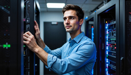 Focused IT technician managing servers in modern data center, technology