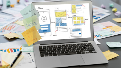Fototapeta premium Sticky note for creative and analytic brainstorm for business idea with BI data dashboard on laptop screen. Analysis financial data visualization tech for marketing strategy. Prodigy