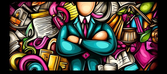 Obraz premium Confident businessman amidst colorful, chaotic business doodles.