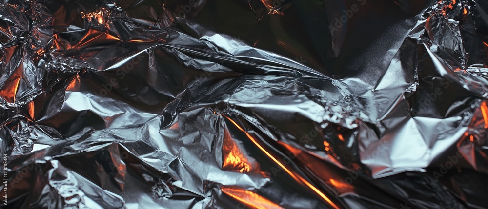 Aufkleber Crumpled silver foil with reflective texture creating an abstract design in soft lighting