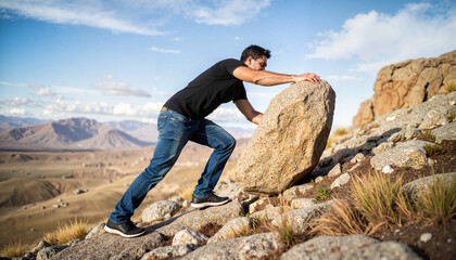 Determined man pushing boulder uphill in rugged landscape, perseverance