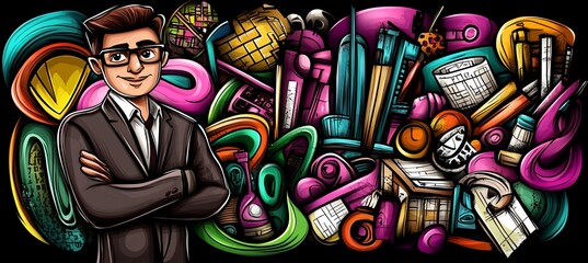 Obraz premium Confident businessman in a vibrant, colorful doodle background filled with various objects representing business, technology, and lifestyle elements.