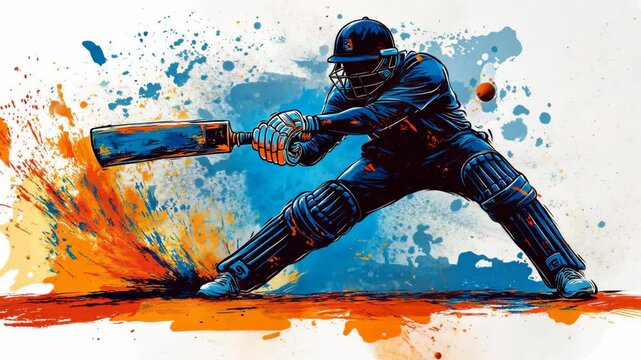 Dynamic cricket player striking the ball with fierce energy during a vibrant match in an artistic style