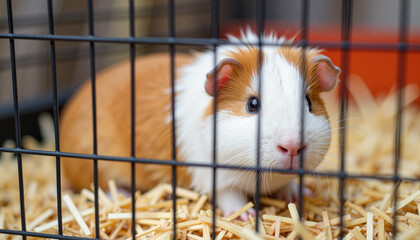 Fototapeta premium Curious guinea pig exploring its cozy cage, small pet care