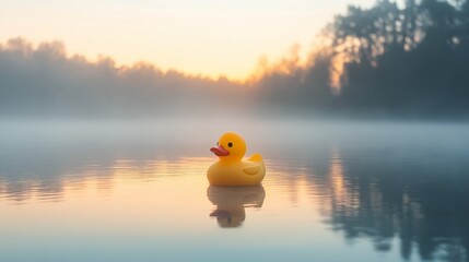 Floating rubber duck in calm water at sunrise with misty surroundings