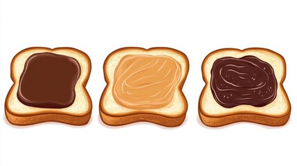 Obraz premium Three slices of toast with different spreads: peanut butter, chocolate, and hazelnut chocolate cream