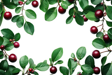 Beautiful arrangement of green leaves and red berries creating a natural border on a white background