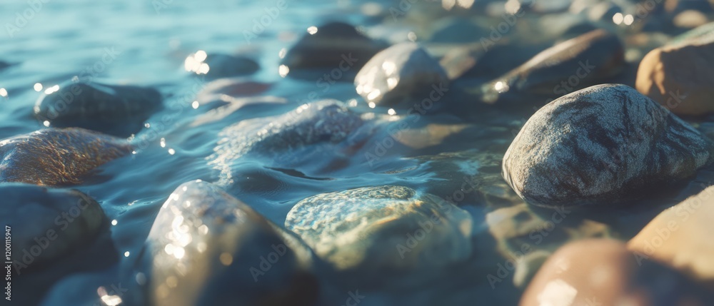 Poster smooth pebbles with rounded shapes and polished surfaces glistening by the water's edge