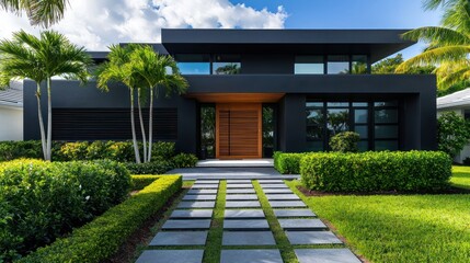 Fototapeta premium A bold modern house with jet black walls, a walnut slatted front door, and textured slate pavers