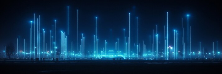 Futuristic City Skyline Illuminated With Blue Neon Lights, Digital Network Style, Abstract cityscape
