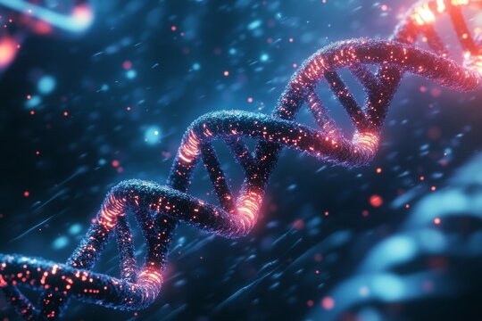 Stunning Glowing DNA Strand Science Medical Abstract Background Illustration 3d red blue dark helix light double render 