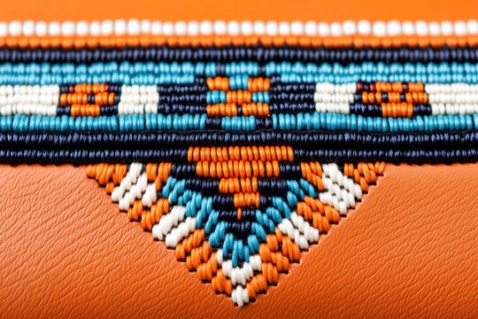 Close-up view of vibrant Native American beadwork on leather pouch highlighting intricate patterns and craftsmanship