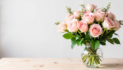 Elegant bouquet of pink roses in crystal vase, luxury lifestyle