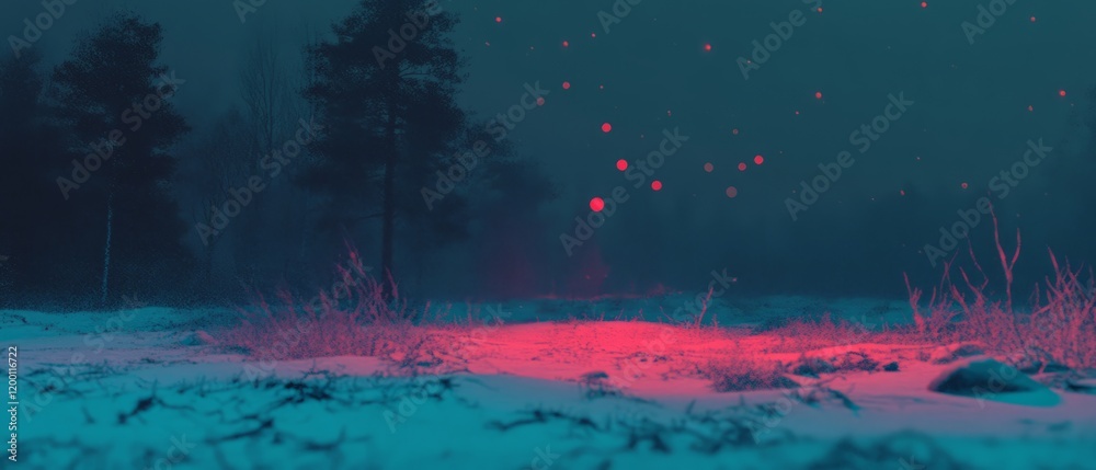 Poster snowflakes swirl above a winter landscape with delicate patterns and soft colors at twilight