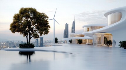 Obraz premium Modern architectural design with green technology in urban landscape at sunrise