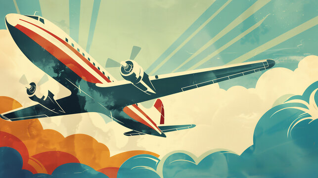 Retro vintage abstract holiday poster showing international overseas air travel by airplane for a globe trotting getaway vacation and tourism, stock illustration image