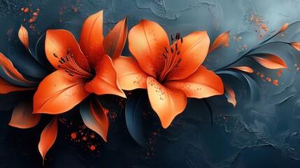 Vibrant orange lilies against a textured dark background, showcasing floral beauty.