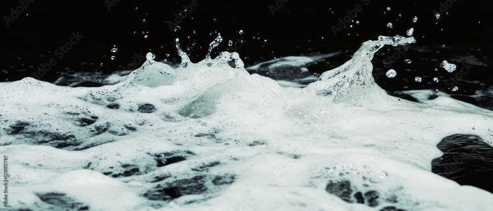 Poster Dynamic splashes of water create abstract forms in lively motion against a dark background