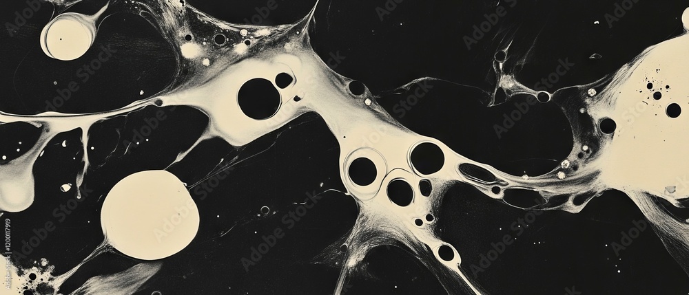 Poster splattered ink creates abstract shapes with contrasting tones on a black background