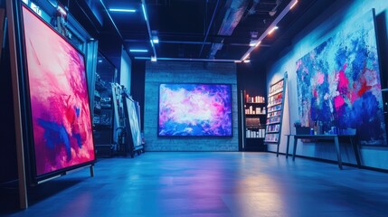 Naklejka premium Neon-Lit Art Gallery: A Vibrant Display of Abstract Paintings