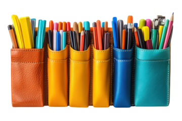 Colorful assortment of writing utensils organized in stylish holders on a desk