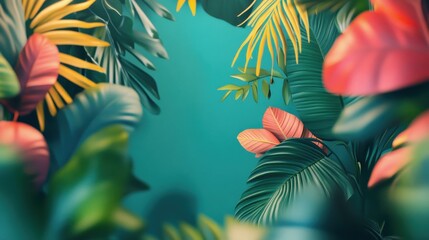 Lush tropical leaves in vibrant hues.