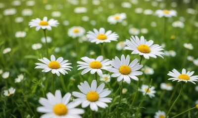 Fototapeta premium Soft focus on white chamomile flowers in a lush green field, serene, botanical