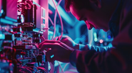 Obraz premium A technician repairing intricate circuits inside a complex computer system in a high-tech lab, Tech lab scene, Detail-oriented and futuristic style