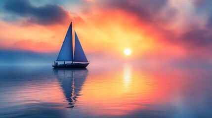 A minimalist sailboat glides on calm sea symbolizing serenity and simplicity under an expansive sky modern blurred empty space evokes tranquility freedom and a contrast to chaos inspiring peaceful ref