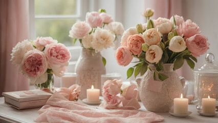 bouquet of roses and candles for Women`s Day