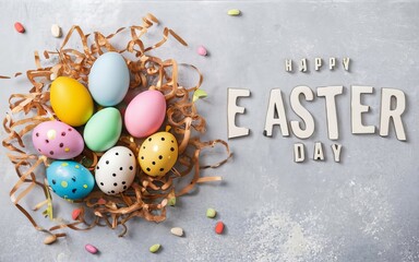 happy easter day eggs on background with copy space, photo ai generated 