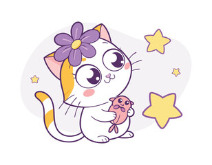 charming illustration of a small cat with a flower accessory, holding a heart, surrounded by stars, great for baby shower invitations and children's books