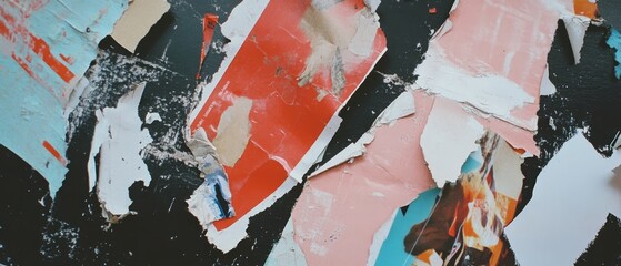 Torn posters create a colorful collage of layered paper and peeling edges on city streets