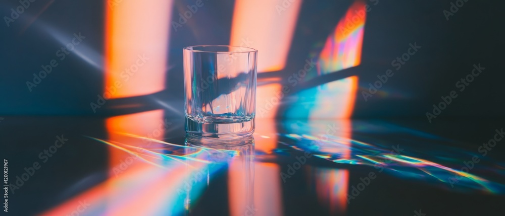 Poster Transparent glass reflecting colorful patterns on a smooth surface in a softly lit environment