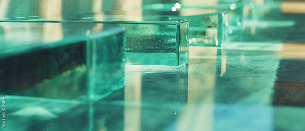 Poster Transparent glass blocks casting subtle reflections on a smooth surface in natural light