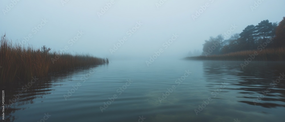 Poster murky depths of turbid water create an enigmatic atmosphere in a foggy setting by the shore