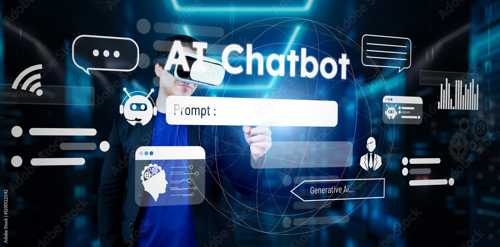 Poster businessman with headset standing at data center while using ai assistance. project manager pointing