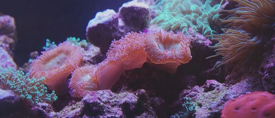 Obraz premium Vibrant coral reef teeming with colorful textures and diverse marine life in shallow water