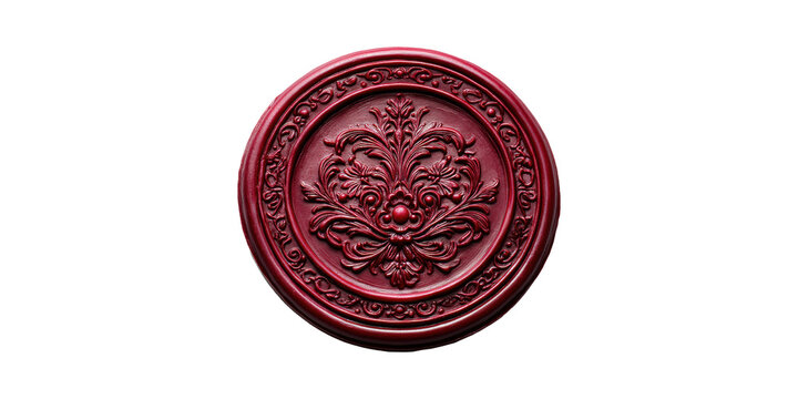 Ornate red wax seal with intricate design isolated on transparent background