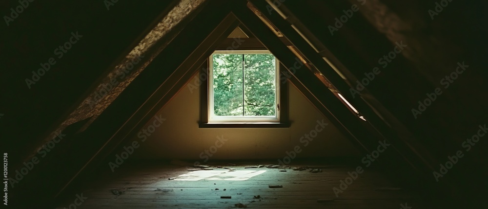Poster warm and nostalgic attic with sunlight filtering through the window surrounded by wooden beams